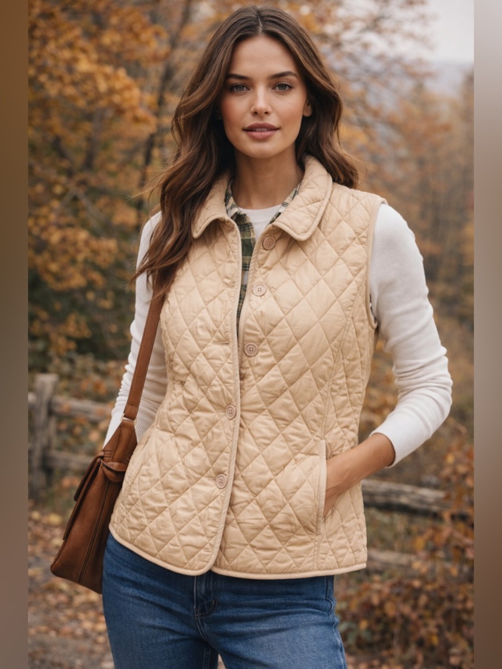 L.L.Bean Beige Quilted Vest XL Plaid Lined Lightweight Classic Preppy Fall Layer